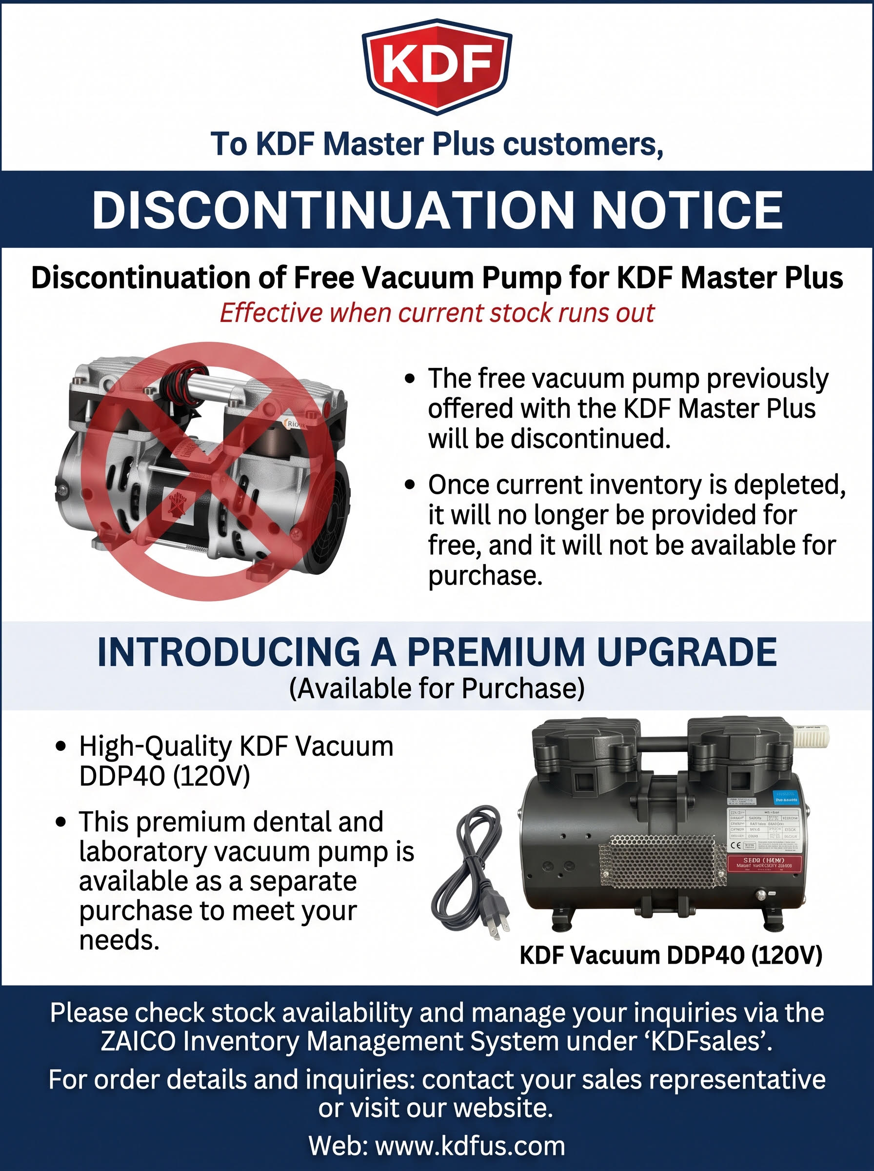 KDF Discon Notice for free Vacuum Pump for KDF Master Plus